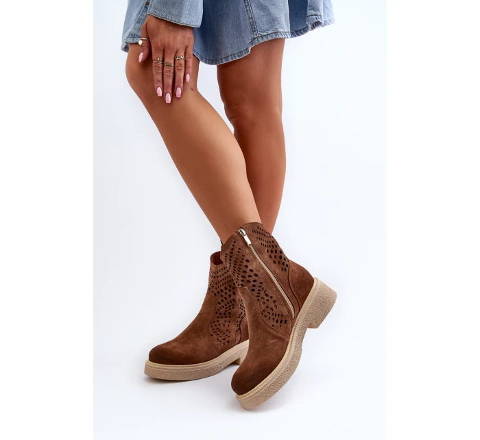 Zazoo 3470 Zamszowe Botki Damskie Na Płaskim Obcasie Ażurowe Brązowe