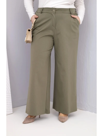 Dámské kalhoty Plus Size s širokým nohavicí a vysokým pasem khaki Dámské kalhoty Plus Size s širokým nohavicí a vysokým pasem khaki