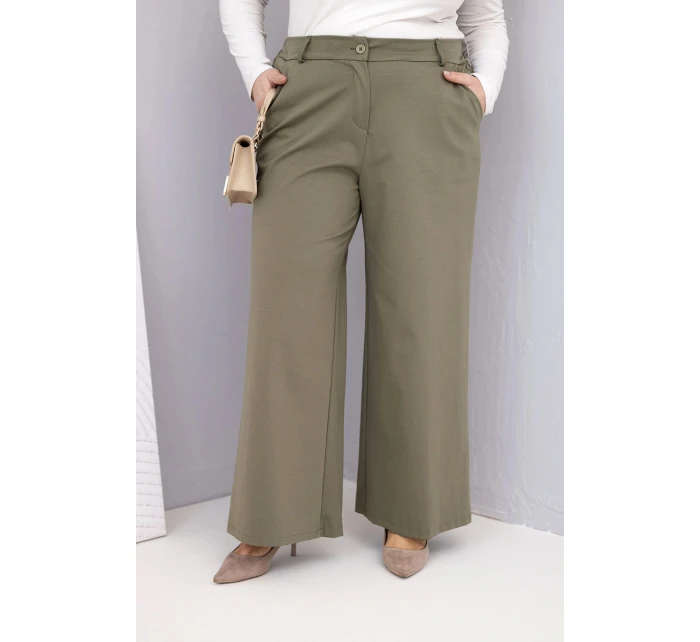 Dámské kalhoty Plus Size s širokým nohavicí a vysokým pasem khaki