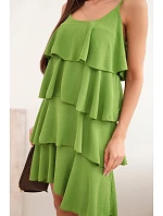 Dámske mini šaty bez ramienok s volánikmi olivové