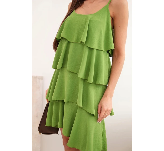 Dámske mini šaty bez ramienok s volánikmi olivové