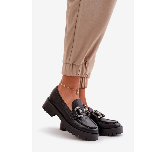 Damskie Skórzane Mokasyny Z Ozdobą CheBello 4369 Czarne