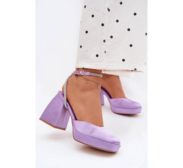 Dámské sandály s masivním podpatkem typu sloupek s páskem a kamínky Fialové Seraphina