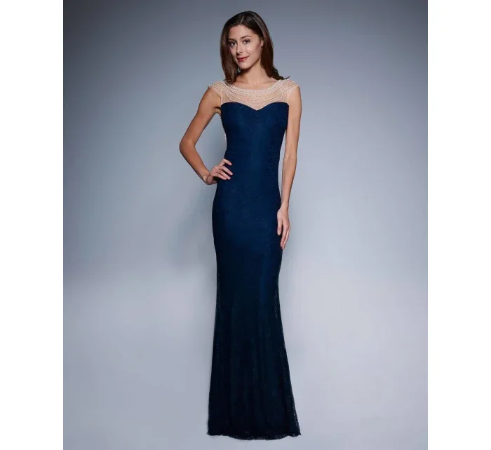 Dámske spoločenské šaty šoky soka s perličkami a čipkou dlhé tmavo modré - Tmavo modrá / XL - šoky & soka
