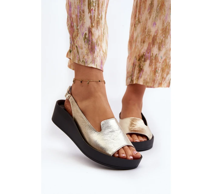 Zazoo 2893 Sandały Damskie Skórzane na Grubej Podeszwie Złote