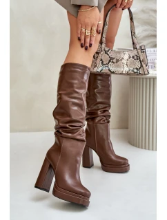 Wsuwane Kozaki Na Słupku I Platformie Z Marszczeniem Ocieplane Brązowe Beridra