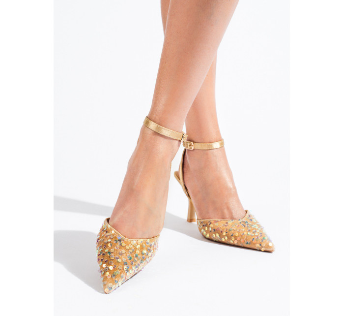 Pohodlné dámske sandále zlaté na ihličkovom podpätku