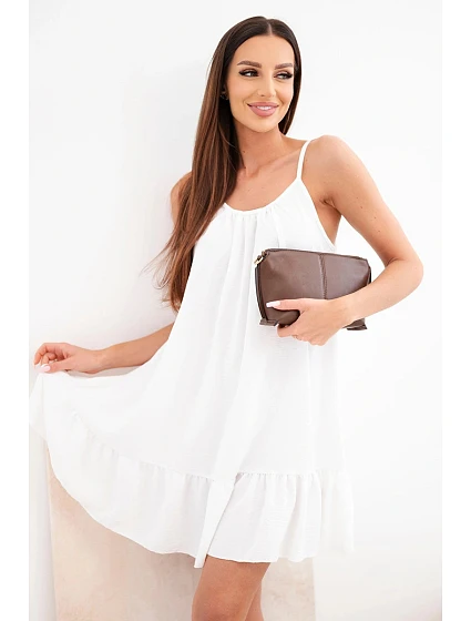 Dámske viskózové šaty bez ramienok s volánom a viazankou biele