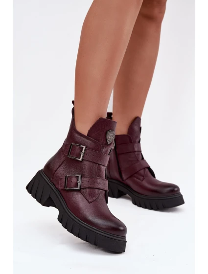Skórzane Ocieplane Botki Damskie Z Klamrami I Ozdobnym Detalem Zazoo 60482 Bordowe