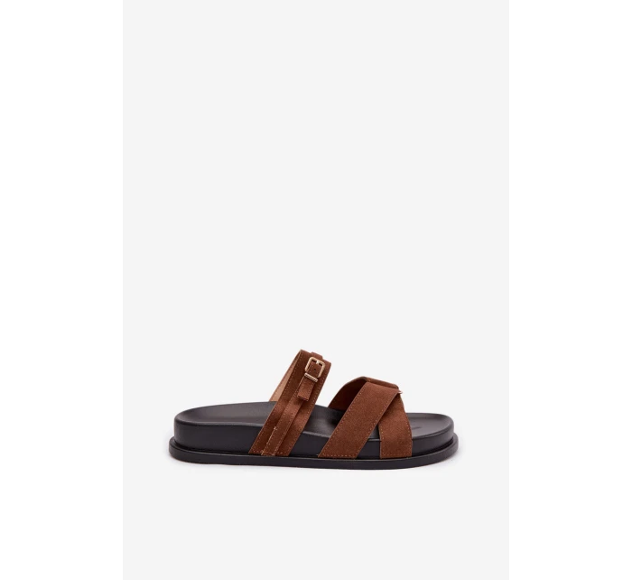 Dámské pantofle s pásky a zlatým sponou Hnědé Selorina