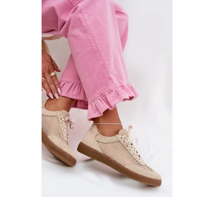 Kožené semišové dámské tenisky s síťovinou model 22027653 Béžové - Zazoo