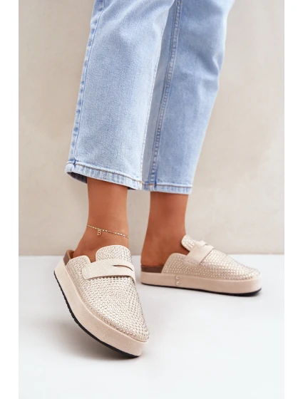 Klapki Damskie Zdobione Cyrkoniami Na Platformie Beżowe Deorani