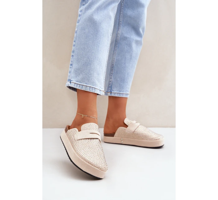 Klapki Damskie Zdobione Cyrkoniami Na Platformie Beżowe Deorani