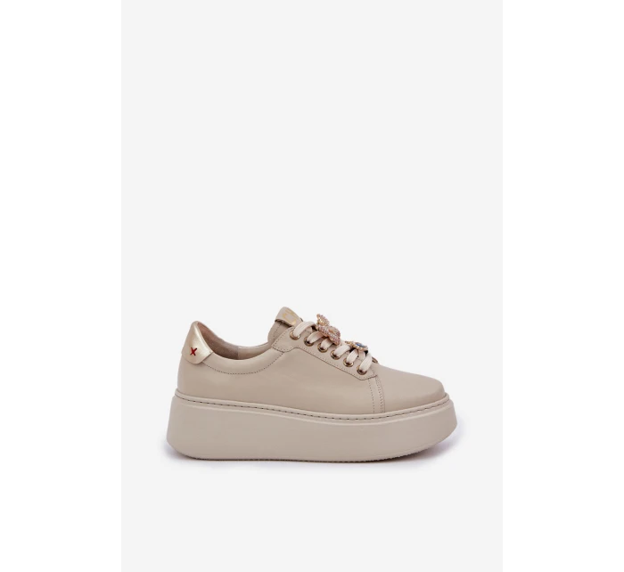Damskie Skórzane Sneakersy Na Platformie Z Ozdobami CheBello 4292 Jasnobeżowe
