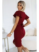NINA Elegantní dámské šaty ve vínové bordó barvě s přeloženým obálkovým výstřihem, a páskem model 20706316 - numoco