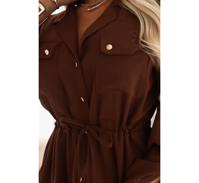 651-1 Midi šaty s gombíkmi a opaskom - čokoládové