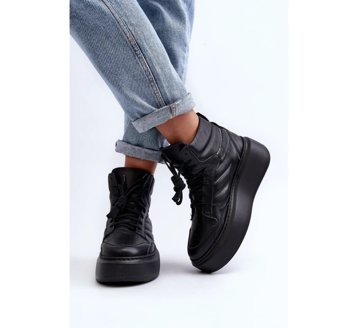 Zazoo 3392/X Damskie Skórzane Buty Sportowe Na Platformie Czarne