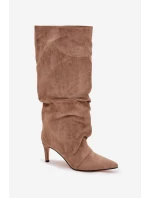Dámske zateplené čižmy na podpätku Mavella - béžové, eko semiš Dámske zateplené čižmy na podpätku Mavella - béžové, eko semiš