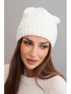 Dámská zimní čepice s vlnou a ozdobným pletením s perličkami model 21783059 ecru - K-Fashion