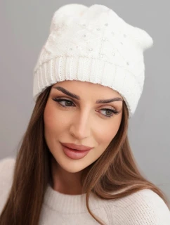 Dámská zimní čepice s vlnou a ozdobným pletením s perličkami model 21783059 ecru - K-Fashion
