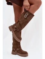 Kožené semišové dámské kozačky s přezkami zateplené Big Star model 21758942 béžové - Big Star Shoes