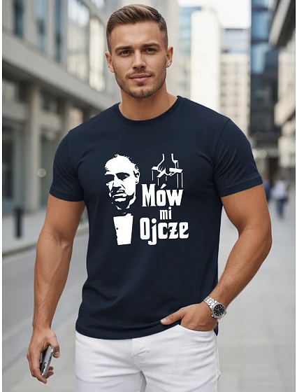 Tshirt męski klasyczny z nadrukiem bawełniany granatowy model 22217917 - FashionStreet