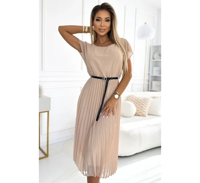 Béžové dámské plisované midi šaty s černým opaskem model 20162133 - numoco basic