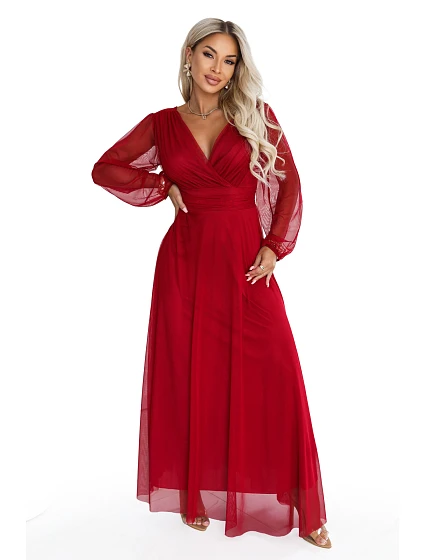 – elegantní tylová maxi šaty s výstřihem do V – světle vínová model 22343644 - numoco basic
