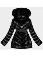 Čierna lesklá zimná bunda s machovou kožušinovou podšívkou (w673)