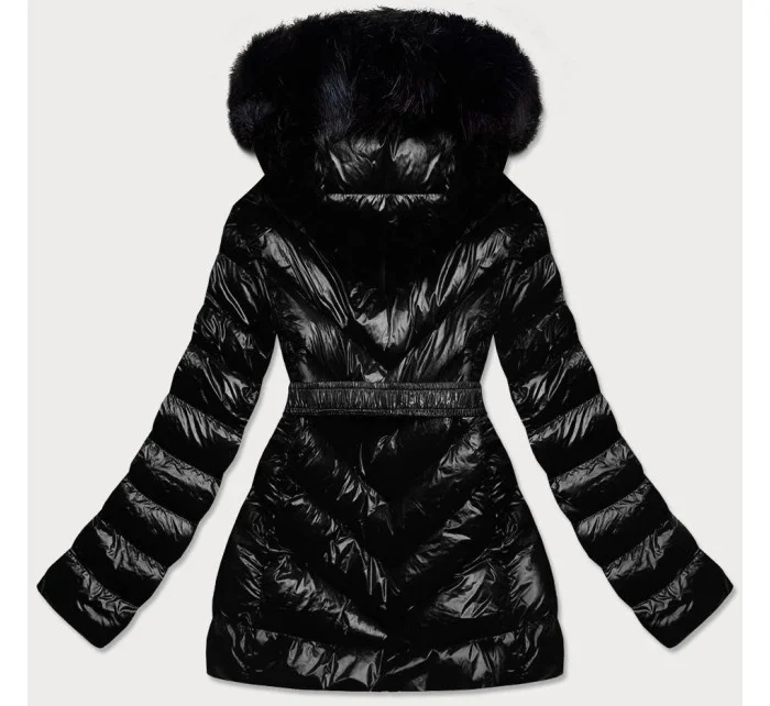 Čierna lesklá zimná bunda s machovou kožušinovou podšívkou (w673)