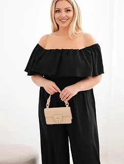 Kombinéza s odhalenými ramenami, volánom a širokými nohavicami čierna