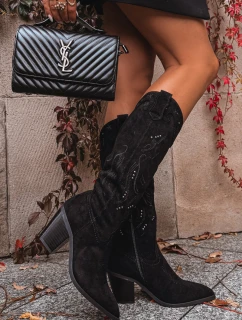 Dámské kozačky s podpatkem z eko semiše Černé model 21714748 - Boto