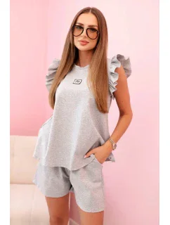 Dámska súprava s volánom - blúzka s krátkym rukávom a šortky s gumičkou Grey melier