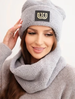 Dámska fleecová čiapka a nákrčník s ozdobnou aplikáciou sivá