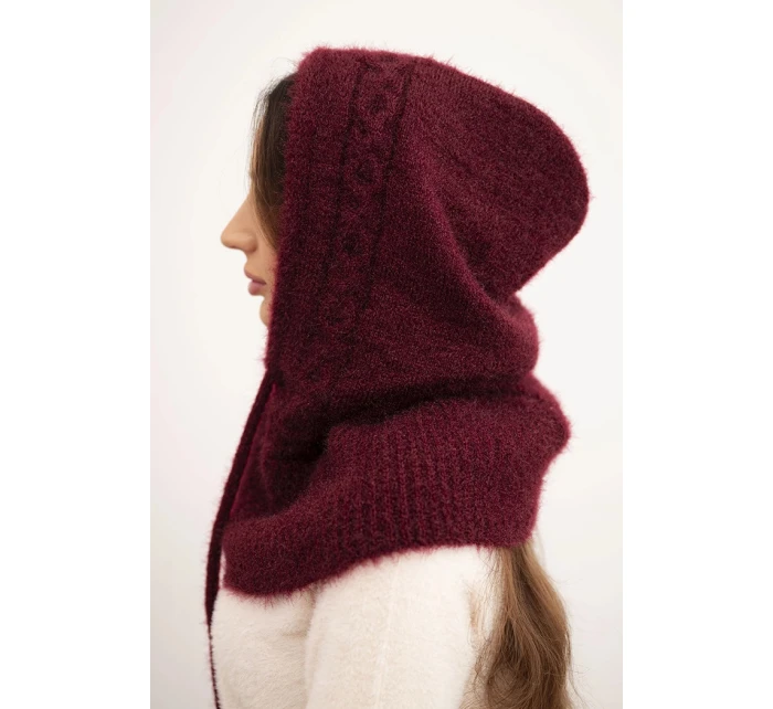 Dámska čiapka s kapucňou, šnurovaním a pleteným vzorom bordová Dámska čiapka s kapucňou, šnurovaním a pleteným vzorom bordová