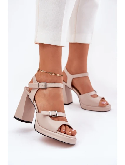 Skórzane Sandały Damskie Na Słupku Vinceza 77110 Beżowe