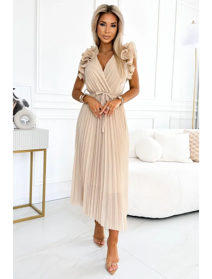 Béžové dámské plisované šifonové midi šaty s výstřihem a volánky model 20171428 - numoco basic Béžové dámské plisované šifonové midi šaty s výstřihem a volánky model 20171428 - numoco basic