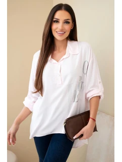 Dámska viskózna blúzka s golierom a potlačou kamienkov candy pink