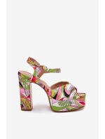 Wzorzyste Sandały Na Słupku I Platformie Różowo-Zielone Slaria Wzorzyste Sandały Na Słupku I Platformie Różowo-Zielone Slaria