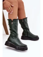 model 21772344 Kožené dámské kozačky s vlnou olivové - Zazoo