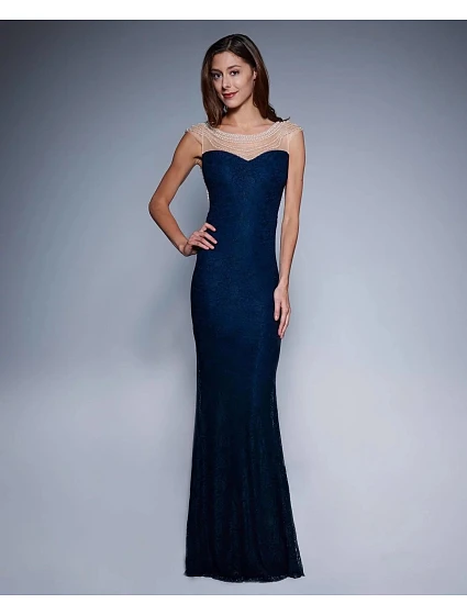 Dámské společenské šaty  s perličkami a krajkou dlouhé tmavě modré Tmavě modrá / XL & model 15042932 - SOKY&SOKA