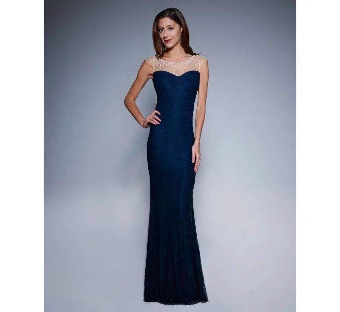 Dámske spoločenské šaty šoky soka s perličkami a čipkou dlhé tmavo modré - Tmavo modrá / XL - šoky & soka