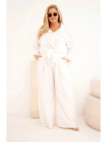 Dámský komplet Plus Size s košilí a širokými kalhotami ecru Dámský komplet Plus Size s košilí a širokými kalhotami ecru