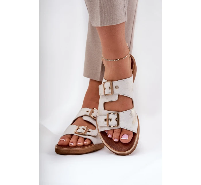 Kožené Ploché Pantofle S Přezkami Zlaté model 21686316 - Zazoo Kožené Ploché Pantofle S Přezkami Zlaté model 21686316 - Zazoo