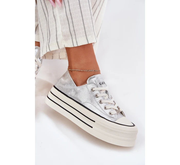Dámské Kožené Tenisky Na Platformě model 21691401 Stříbrné - Goe