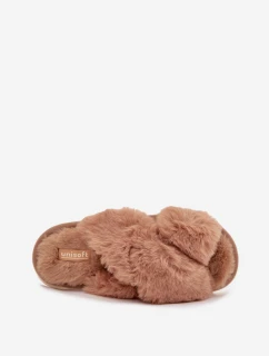 Dámske papuče s kožušinou a prepletenými remienkami Quenelle - camel