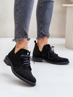 Zazoo 2959 Zamszowe Półbuty Oksfordki Sznurowane Na Płaskim Obcasie Czarne