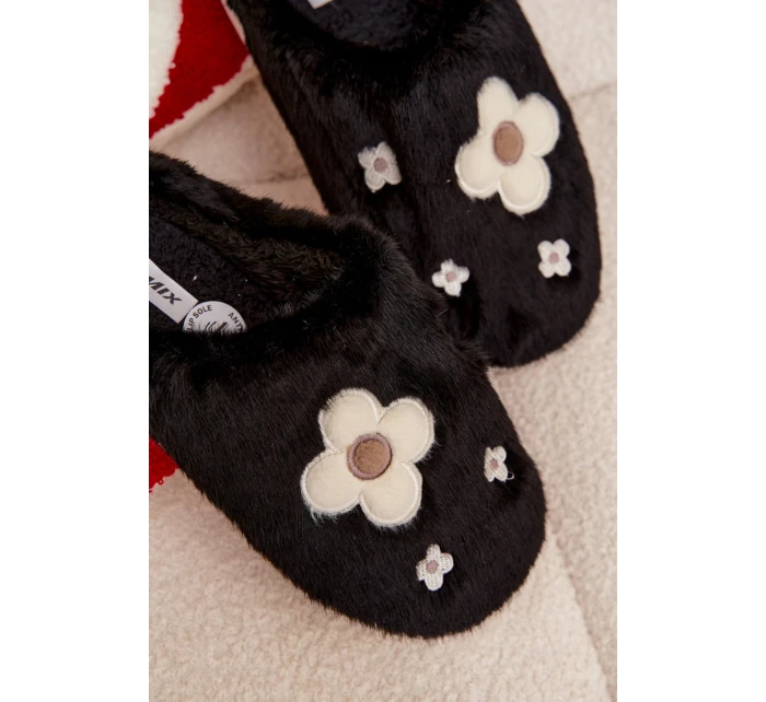 Dámske papuče s kožušinou a kvetmi - čierne Selinne Dámske papuče s kožušinou a kvetmi - čierne Selinne