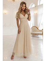 635-9 MELANIA dlhé trblietavé svadobné šaty s výstrihom a krátkymi rukávmi - béžové 635-9 MELANIA dlhé trblietavé svadobné šaty s výstrihom a krátkymi rukávmi - béžové