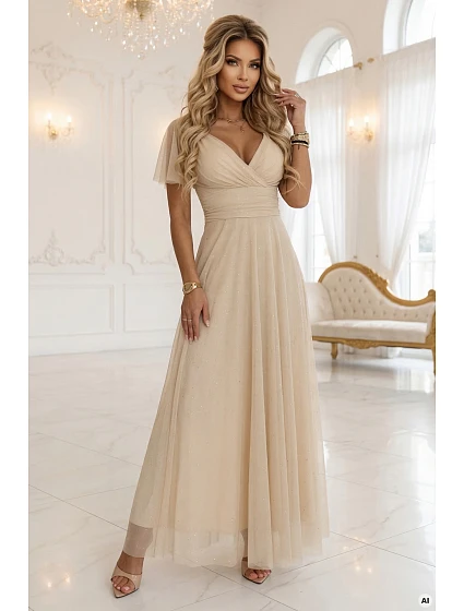635-9 MELANIA dlhé trblietavé svadobné šaty s výstrihom a krátkymi rukávmi - béžové 635-9 MELANIA dlhé trblietavé svadobné šaty s výstrihom a krátkymi rukávmi - béžové